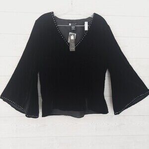 Carole Little Shirt XL Black Velvet Rhinestones Long Sleeve - Defect